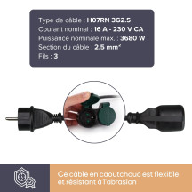 RALLONGE ÉLECTRIQUE AVEC 2 PRISES - USAGE EXTÉRIEUR - 10 m - NOIR - 3G2.5 - TERRE FRANÇAISE