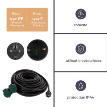 RALLONGE ÉLECTRIQUE AVEC 2 PRISES - USAGE EXTÉRIEUR - 20 m - NOIR - 3G2.5 - TERRE ALLEMANDE