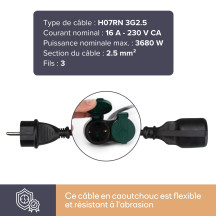 RALLONGE ÉLECTRIQUE AVEC 2 PRISES - USAGE EXTÉRIEUR - 20 m - NOIR - 3G2.5 - TERRE ALLEMANDE