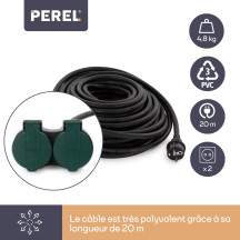 RALLONGE ÉLECTRIQUE AVEC 2 PRISES - USAGE EXTÉRIEUR - 20 m - NOIR - 3G2.5 - TERRE ALLEMANDE