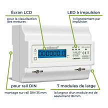 Compteur kwh triphasé pour montage sur rail din - 7 modules - usage professionnel