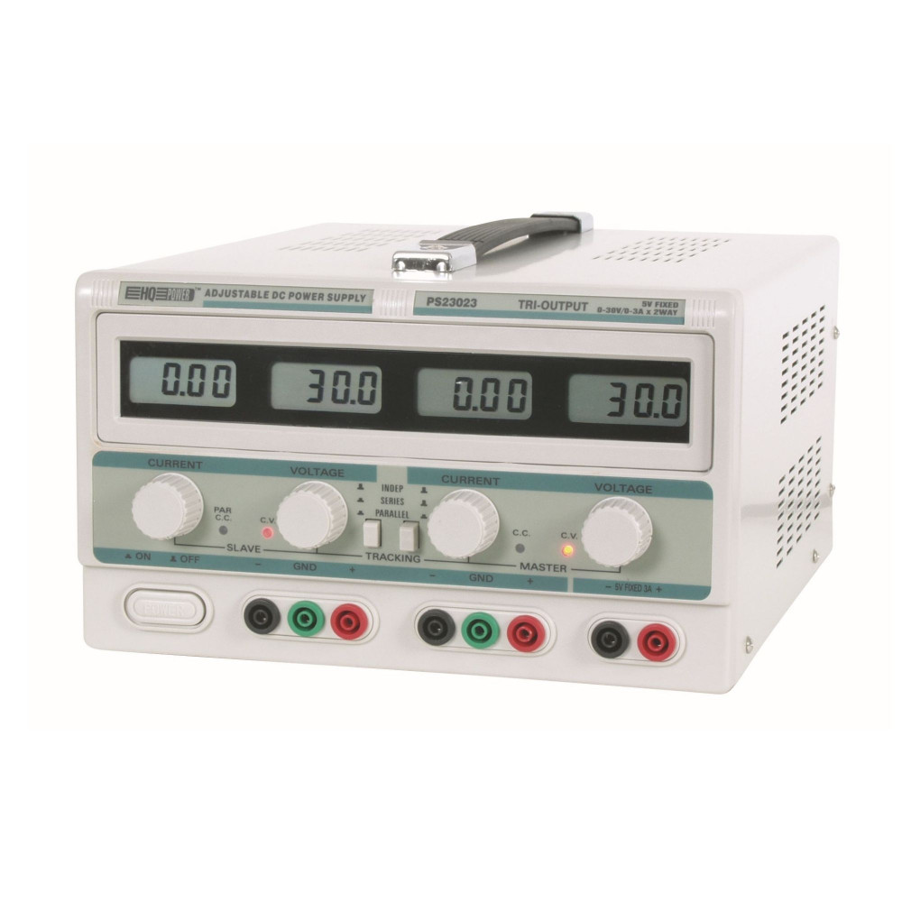 DOUBLE ALIMENTATION DE LABORATOIRE 2 x 0-30 VCC / 0-3 A + 5 VCC fixe 3 A MAX / AVEC 4 AFFICHEURS LCD