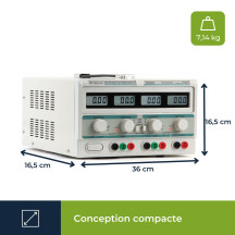 DOUBLE ALIMENTATION DE LABORATOIRE 2 x 0-30 VCC / 0-3 A + 5 VCC fixe 3 A MAX / AVEC 4 AFFICHEURS LCD