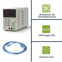ALIMENTATION DE LABORATOIRE PROGRAMMABLE 0-30 VCC / 5 A max. - DOUBLE AFFICHEUR LED avec INTERFACE USB 2.0