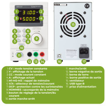ALIMENTATION DE LABORATOIRE PROGRAMMABLE 0-30 VCC / 5 A max. - DOUBLE AFFICHEUR LED avec INTERFACE USB 2.0