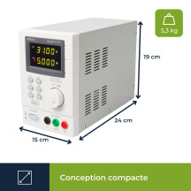 ALIMENTATION DE LABORATOIRE PROGRAMMABLE 0-30 VCC / 5 A max. - DOUBLE AFFICHEUR LED avec INTERFACE USB 2.0